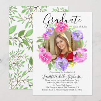 Watercolor Modern Floral Wreath Photo Graduation Invitation