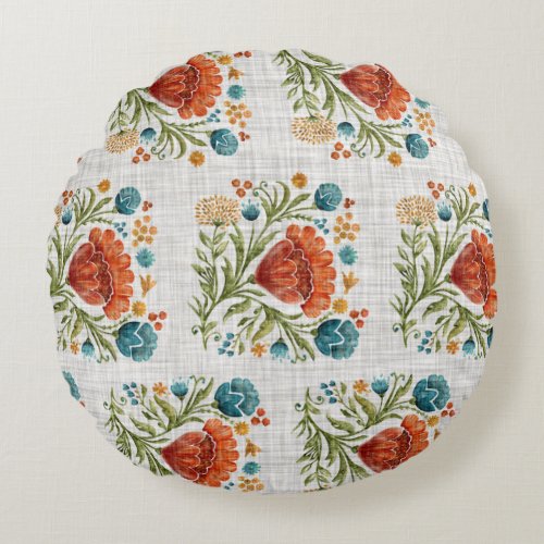 Watercolor Modern Flower Motif Earthy Whimsical   Round Pillow