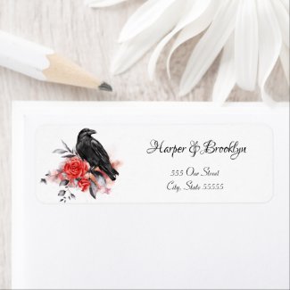 Watercolor Modern Gothic Black Raven Red Rose 