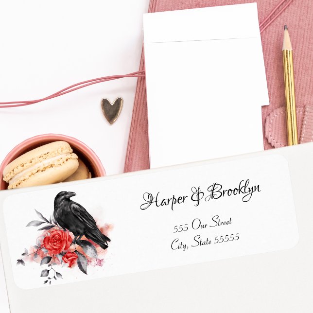 Watercolor Modern Gothic Black Raven Red Rose  Label (Creator Uploaded)