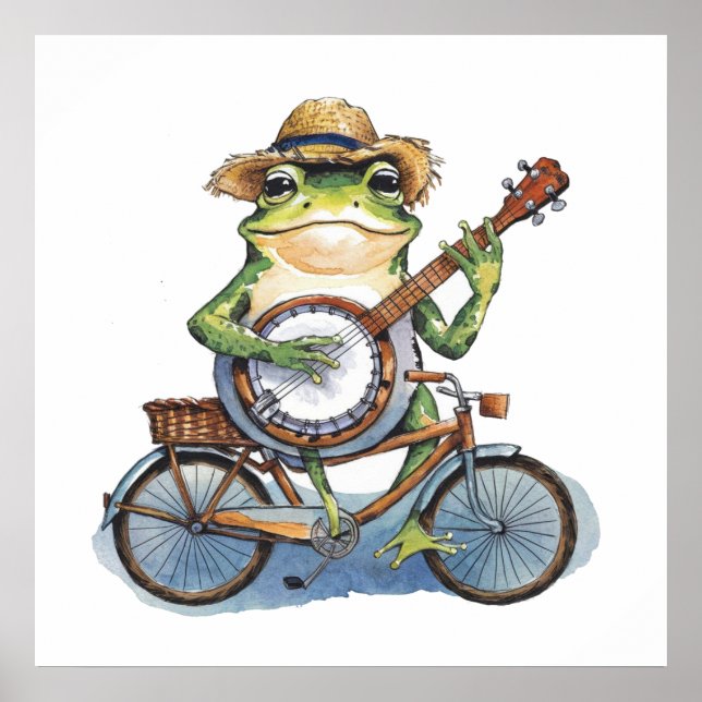 Watercolor modern green frog with guitar on cycle poster (Front)