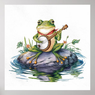 Watercolor modern green frog with guitar on rock 2 poster