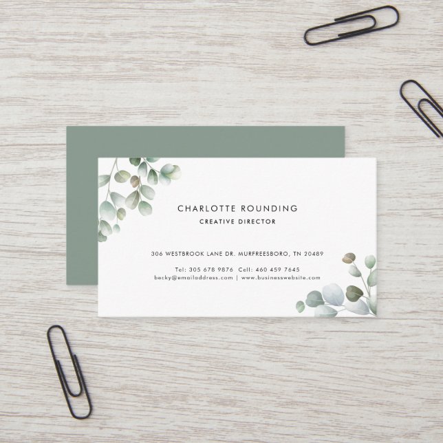 Watercolor Modern Minimalist Botanical Business Card (Front/Back In Situ)