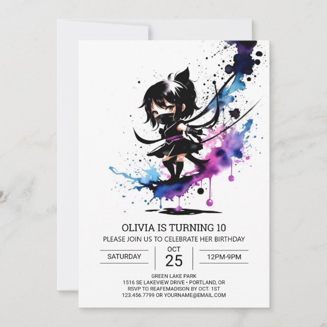 Watercolor Modern Ninja Girl Birthday Invitation (Front)