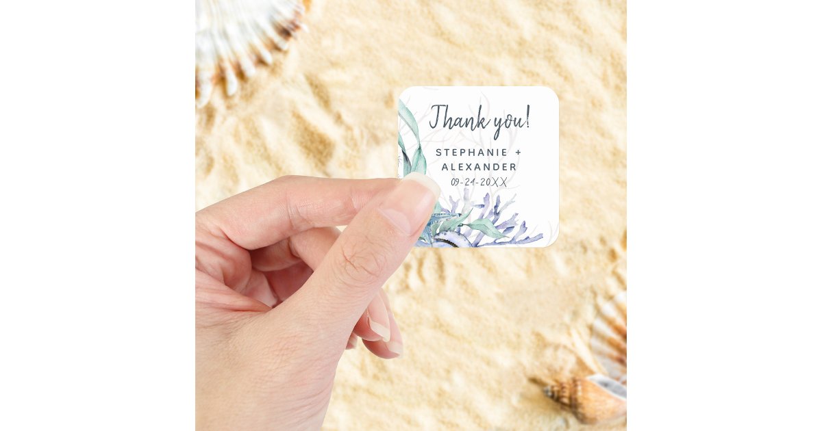 Watercolor Modern Ocean Beach Wedding Thank You Square Sticker | Zazzle