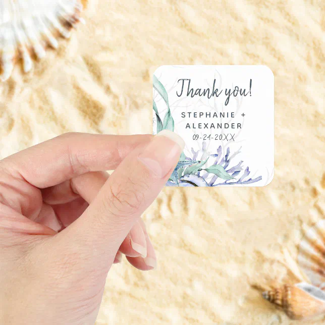 Watercolor Modern Ocean Beach Wedding Thank You Square Sticker | Zazzle
