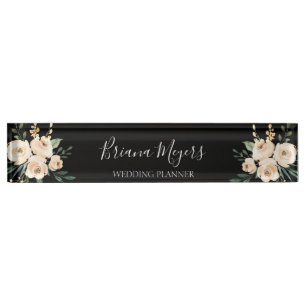 Watercolor Modern on Black Floral Business Desk Name Plate