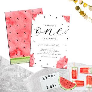 Watercolor Modern ONE in a Melon Red Watermelon Invitation