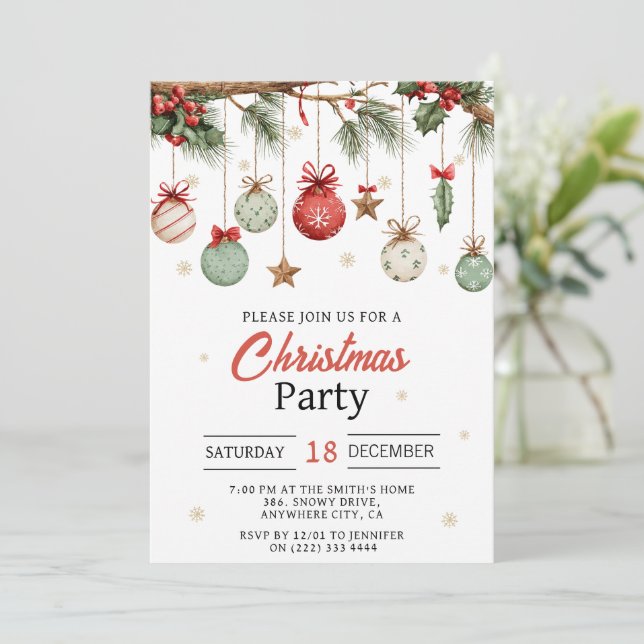 Watercolor Modern  Ornaments Christmas Party  Invitation (Standing Front)