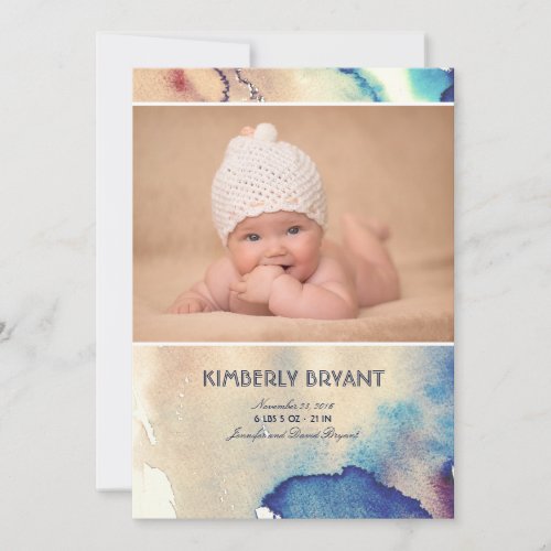 Watercolor Modern Painted Baby Birth Announcement - Vintage watercolors photo birth announcement