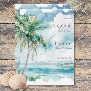 Watercolor Modern Palms & Beach Scene Wedding Invitation