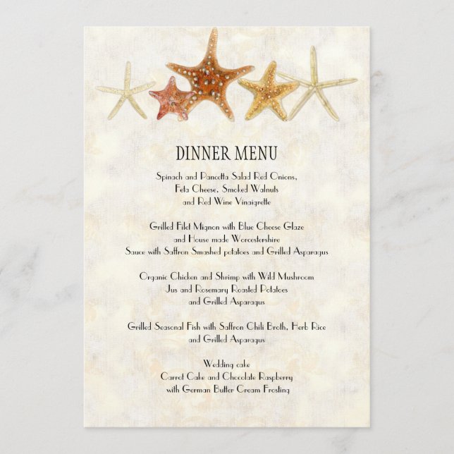 Watercolor Modern  Pattern Starfish Beach Wedding Menu (Front)