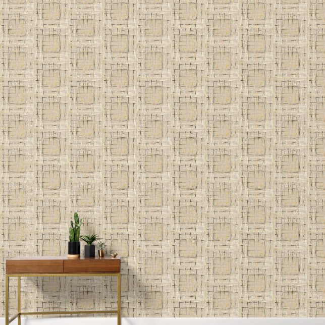 Watercolor Modern Plaid Neutral Cream Tan Brown Wallpaper (Hallway)