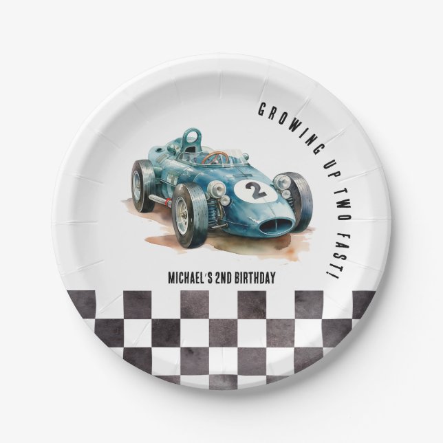 Watercolor Modern Race Car Boy Birthday Party  Paper Plates (Front)