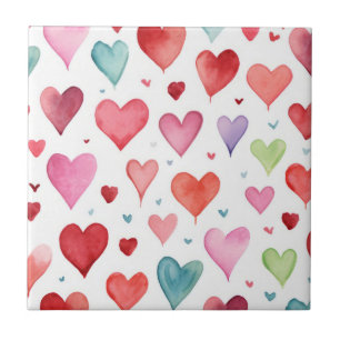 Watercolor Modern Red Pink Blue Heart Pattern Ceramic Tile