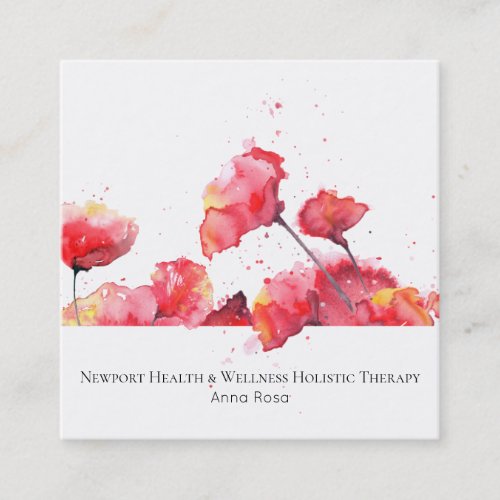  Watercolor Modern Red Poppy Flower Floral Square Business Card