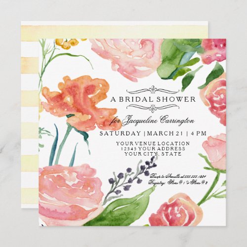 Watercolor Modern Rose Floral Flower Bridal Shower Invitation
