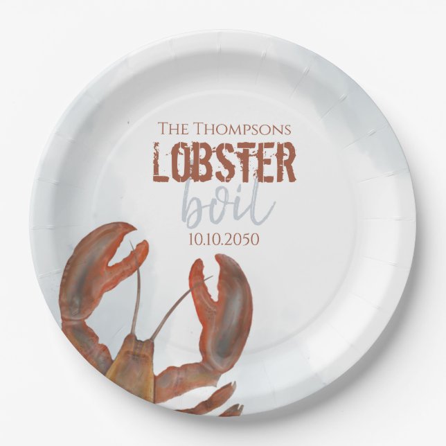 Watercolor Modern Rustic Elegant Lobster Boil Paper Plates (Front)