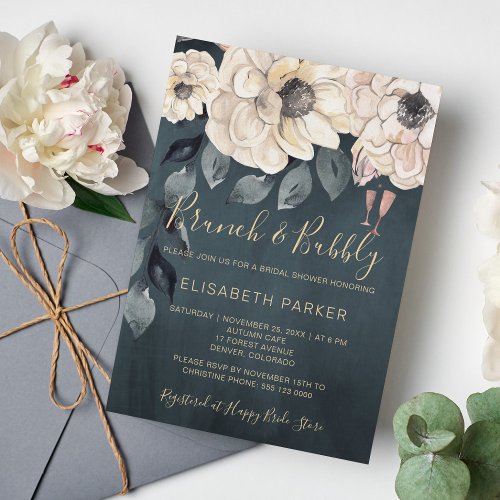 Watercolor modern white flowers brunch and bubbly invitation