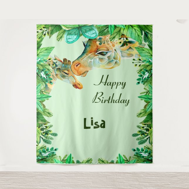 Watercolor Mom And Baby Giraffes Birthday Backdrop (Front)