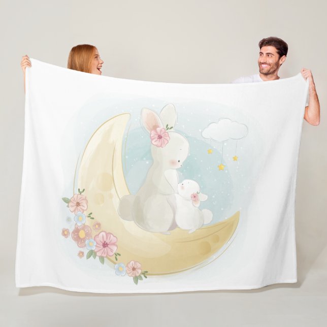 Watercolor Mom and baby Rabbits on Moon Fleece Blanket (In Situ)