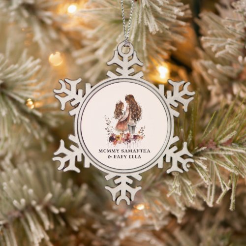 Watercolor Mom and Daughter 1 Snowflake Pewter Christmas Ornament