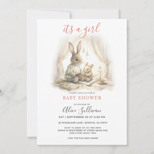 Watercolor Mom Baby Bunny Rabbits Girl Baby Shower Invitation