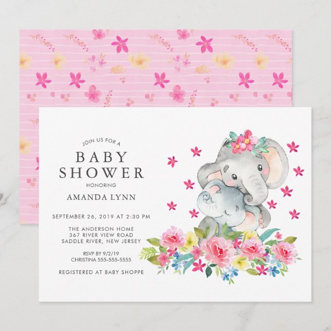 Watercolor Mom Baby Elephant Baby Girl Shower Invitation (Front/Back)