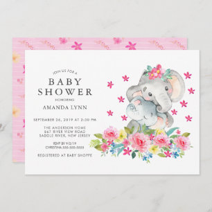 Watercolor Mom Baby Elephant Baby Girl Shower Invitation