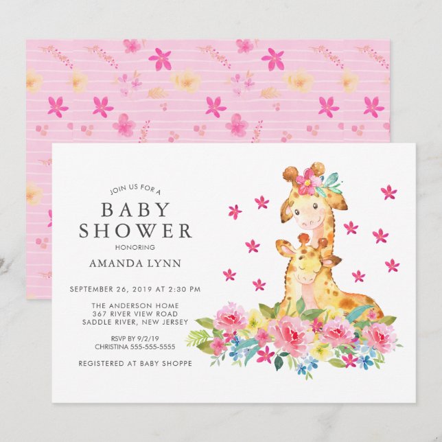Watercolor Mom Baby Giraffe Baby Girl Shower Invitation (Front/Back)