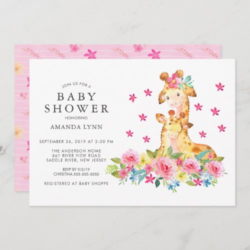 Watercolor Mom Baby Giraffe Baby Girl Shower Invitation