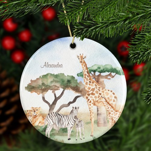 Watercolor Mommy and Baby African Animal Christmas Ceramic Ornament