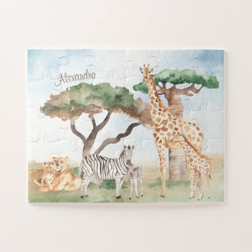 Watercolor Mommy and Baby African Animals Jigsaw Puzzle