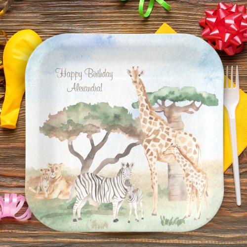 Watercolor Mommy and Baby African Animals Paper Plates