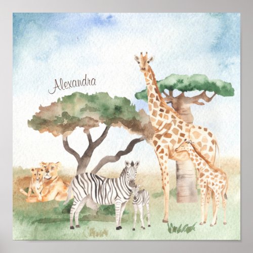 Watercolor Mommy and Baby African Animals Poster