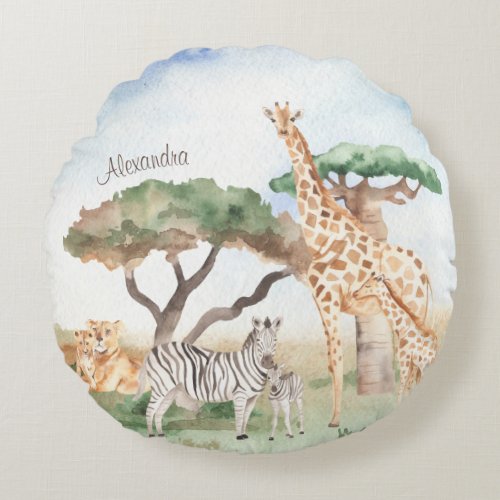 Watercolor Mommy and Baby African Animals Round Pillow