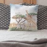 Watercolor Mommy and Baby African Animals Throw Pillow<br><div class="desc">Add an adorable custom safari theme to the bedroom or nursery of your little girl or boy with this pretty watercolor African animal design throw pillow. Pillow has mommy and baby giraffes, zebras, and lions in an African savannah background. There is also a place for a first name (which may...</div>