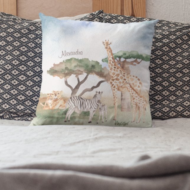 Watercolor Mommy and Baby African Animals Throw Pillow (Creator Uploaded)