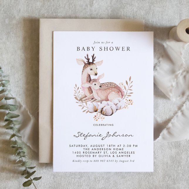 Watercolor Mommy and Baby Deer Fall Baby Shower Invitation (Woodland baby shower invitation featuring watercolor mommy and baby deer and boho foliage.)