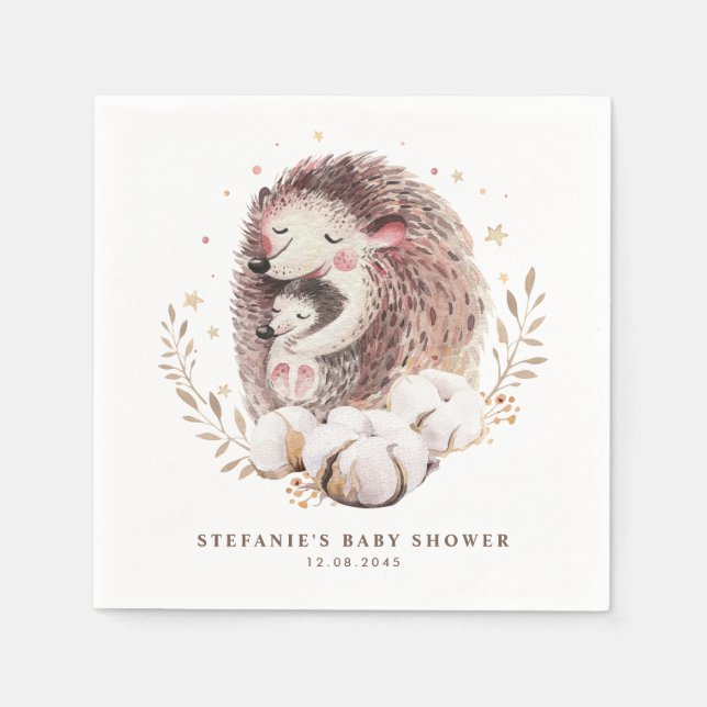 Watercolor Mommy and Baby Hedgehog Baby Shower Napkins (Front)