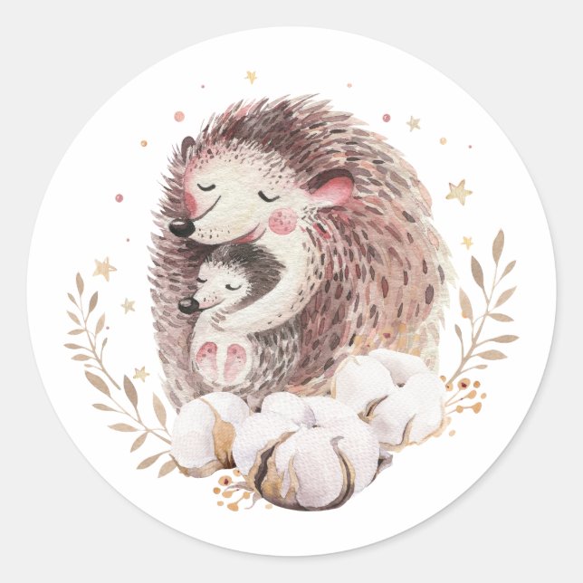 Watercolor Mommy and Baby Hedgehog Woodland Classic Round Sticker (Front)
