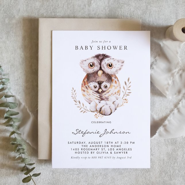 Watercolor Mommy and Baby Owl Fall Baby Shower Invitation (Woodland baby shower invitation featuring watercolor mommy and baby owls and boho foliage.)