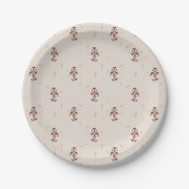 Watercolor Mommy and Baby Owl Pattern Baby Shower Paper Plates (Front)
