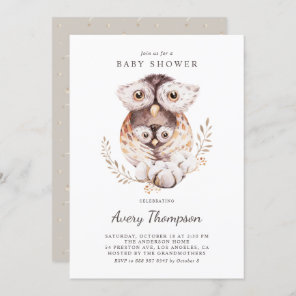 Watercolor Mommy and Baby Owls Fall Baby Shower Invitation