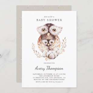 Watercolor Mommy and Baby Owls Fall Baby Shower Invitation