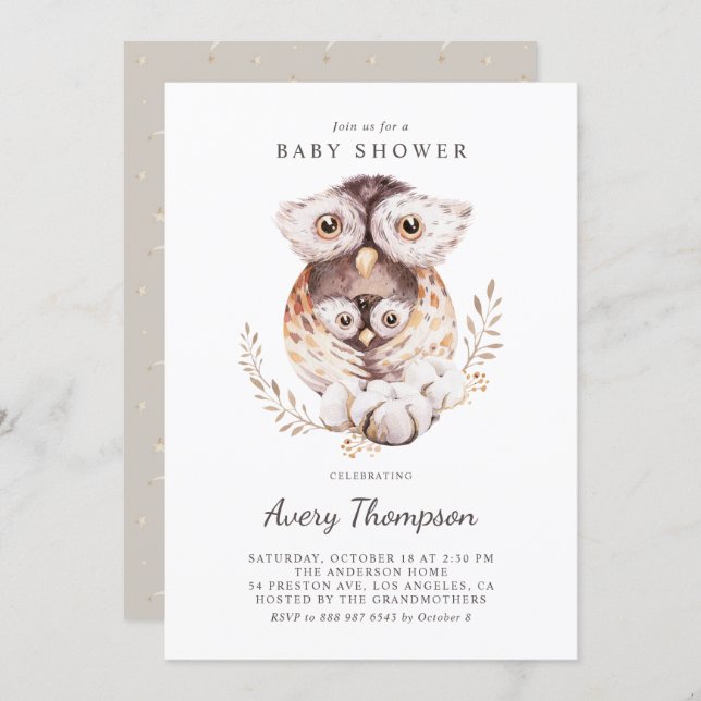 Watercolor Mommy and Baby Owls Fall Baby Shower Invitation (Front/Back)
