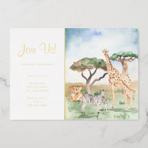 Watercolor Mommy  Baby African Animals Party Gold Foil Invitation