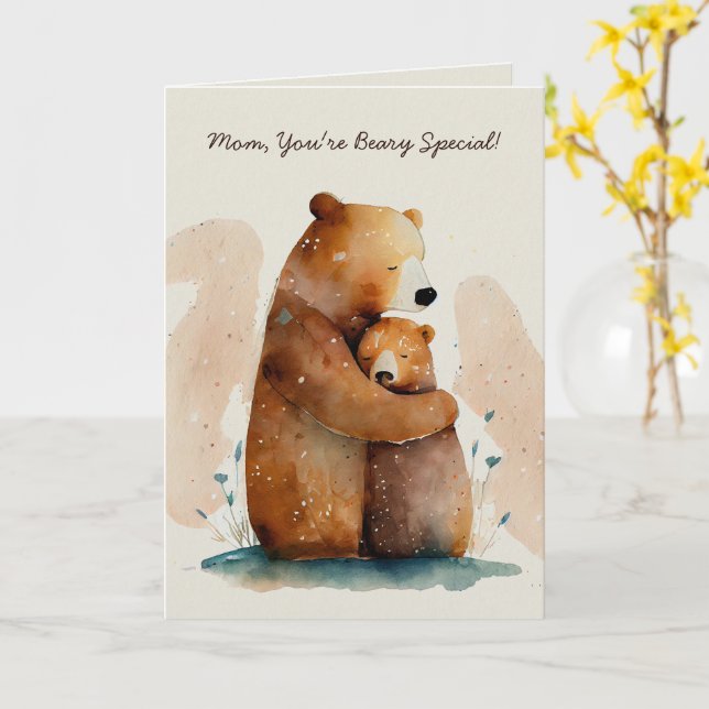 Watercolor Mommy Bear Mother's Day Card (Yellow Flower)