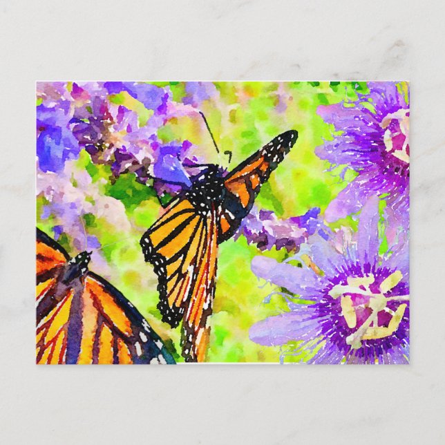 Watercolor Monarch Butterflies and Purple Flowers Postcard (Front)
