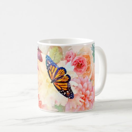 Watercolor Monarch Butterflies In Flower Garden Coffee Mug